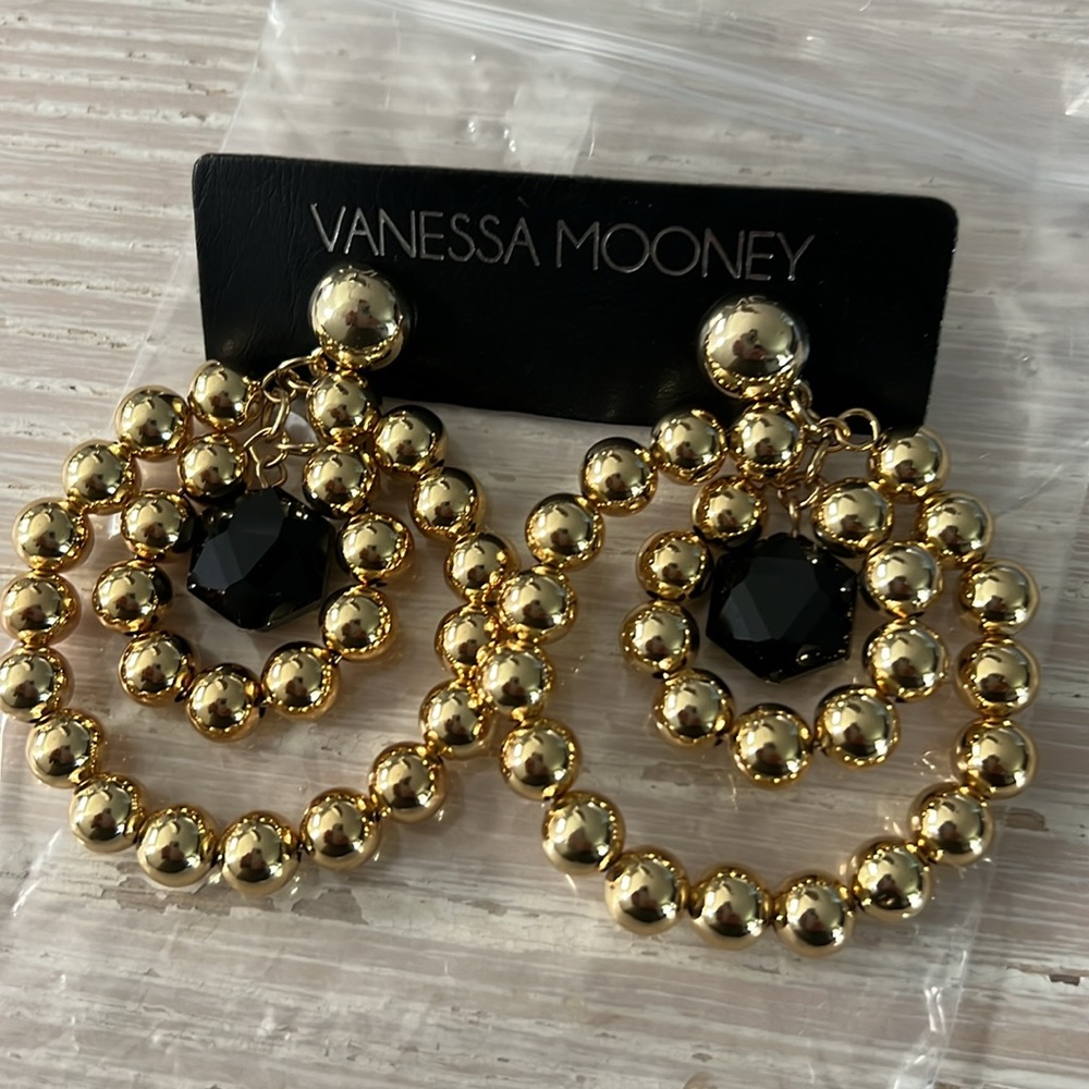 Vanessa Mooney beaded gold hoop earrings with black jeweled center